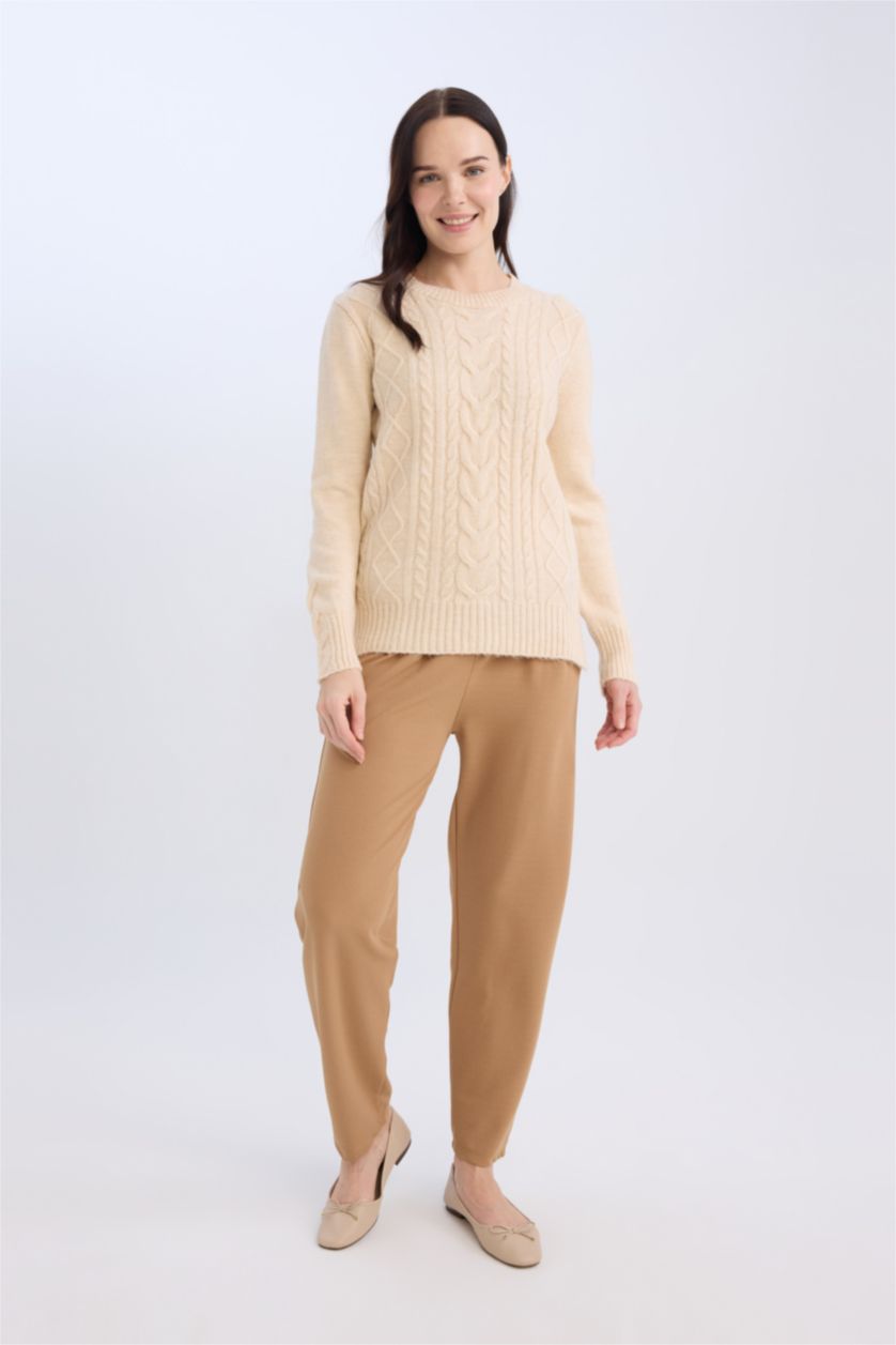 Kadın Açık Camel Pantolon Straight Fit Lastikli Bel Piliseli Basıc