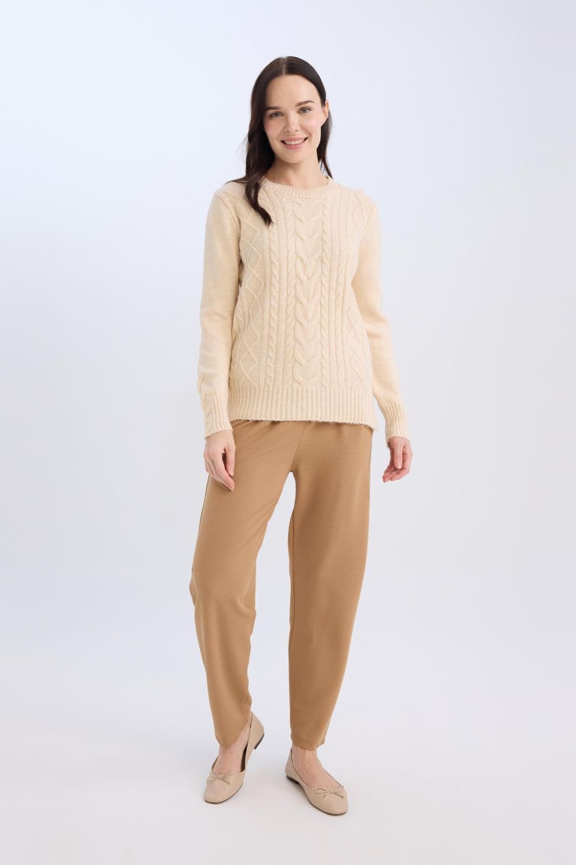 FEMME Marron Clair Pantalon droit plissé basique à taille élastique