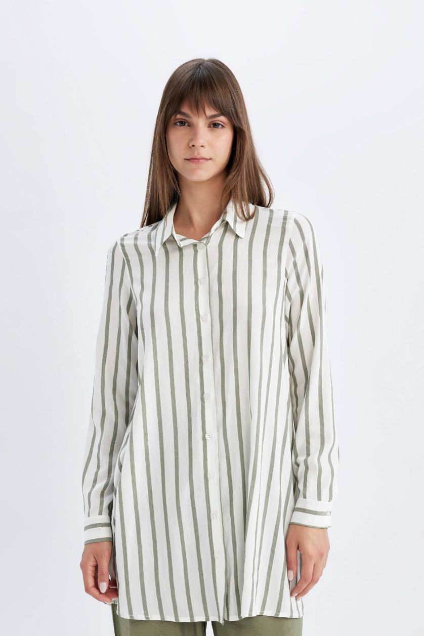 WOMAN Light Khaki Regular Fit Long Sleeve Shirt Striped Tunic