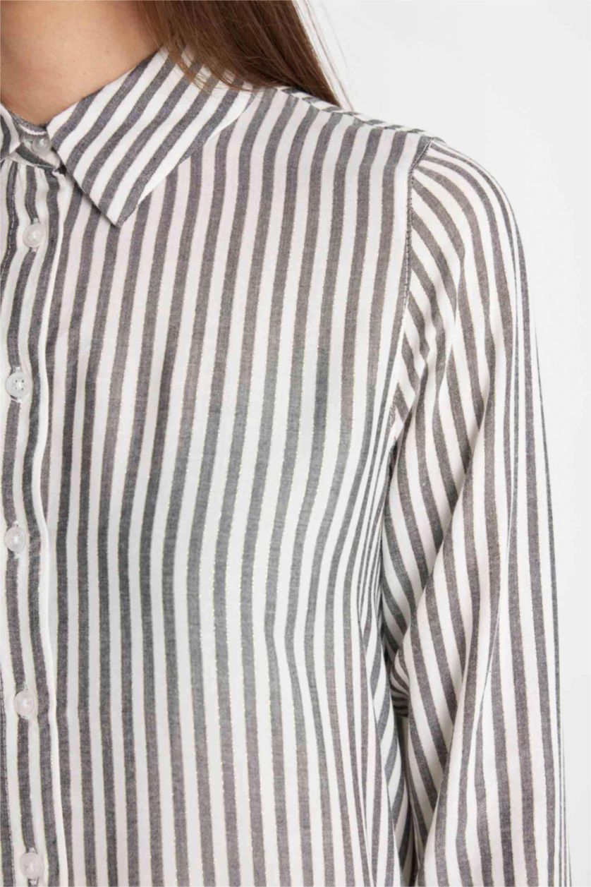WOMAN Black Regular Fit Shirt Collar Striped Tunic