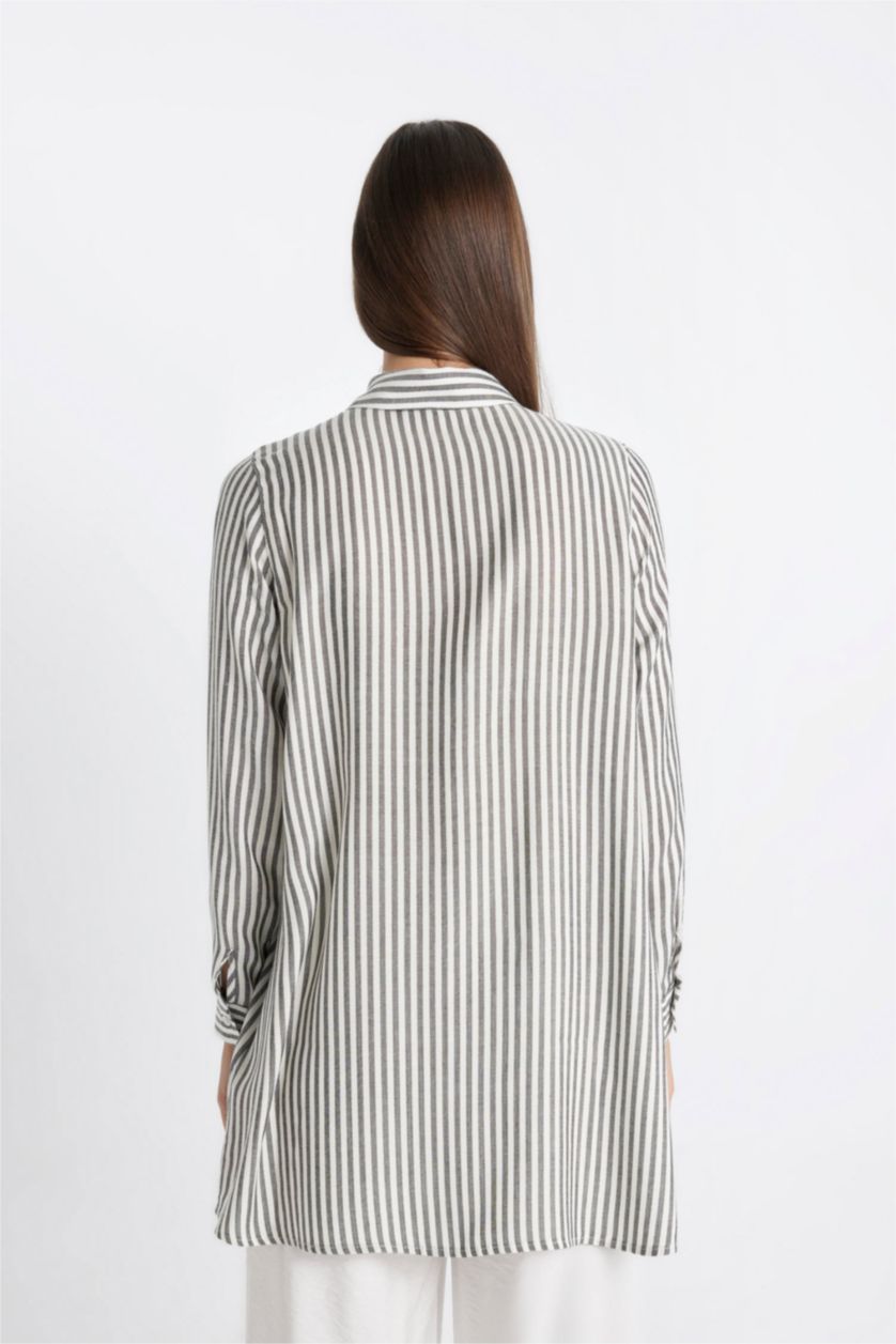 WOMAN Black Regular Fit Shirt Collar Striped Tunic