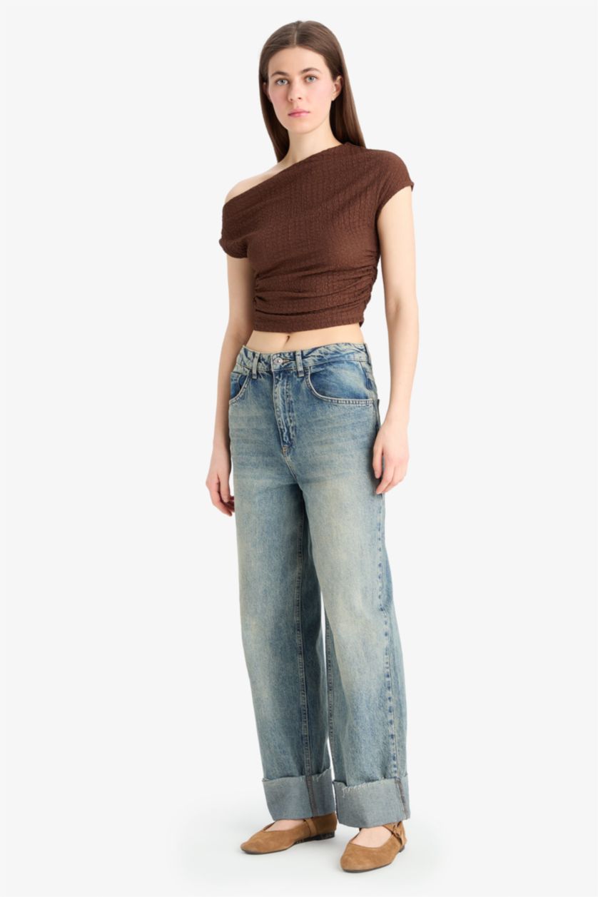 Әйелдерге Қоңыр Slim Fit плотно обтягивающая футболка с одним плечом и коротким рукавом из жатой ткани