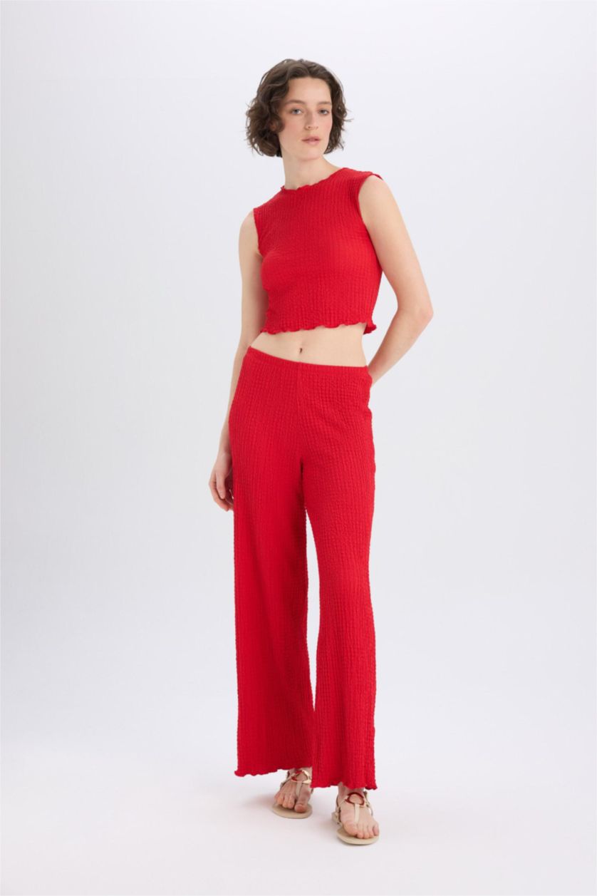 Woman Red Regular Fit Basic Crepe Elastic Waist Trousers