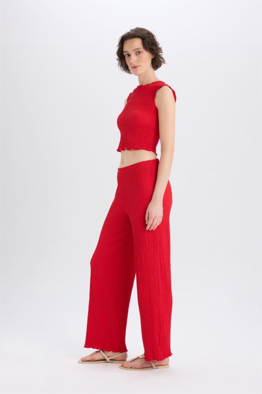 Woman Red Regular Fit Basic Crepe Elastic Waist Trousers