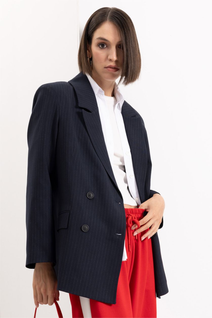 Kadın Lacivert Oversize Geniş Kalıp Ceket Yaka Düğmeli Basic Düz Blazer Ceket