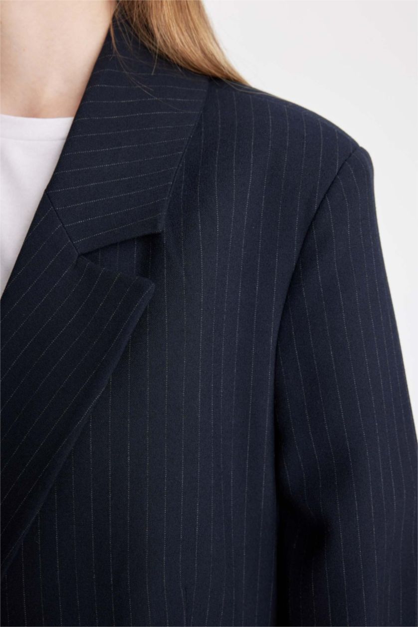 Kadın Lacivert Oversize Geniş Kalıp Ceket Yaka Düğmeli Basic Düz Blazer Ceket