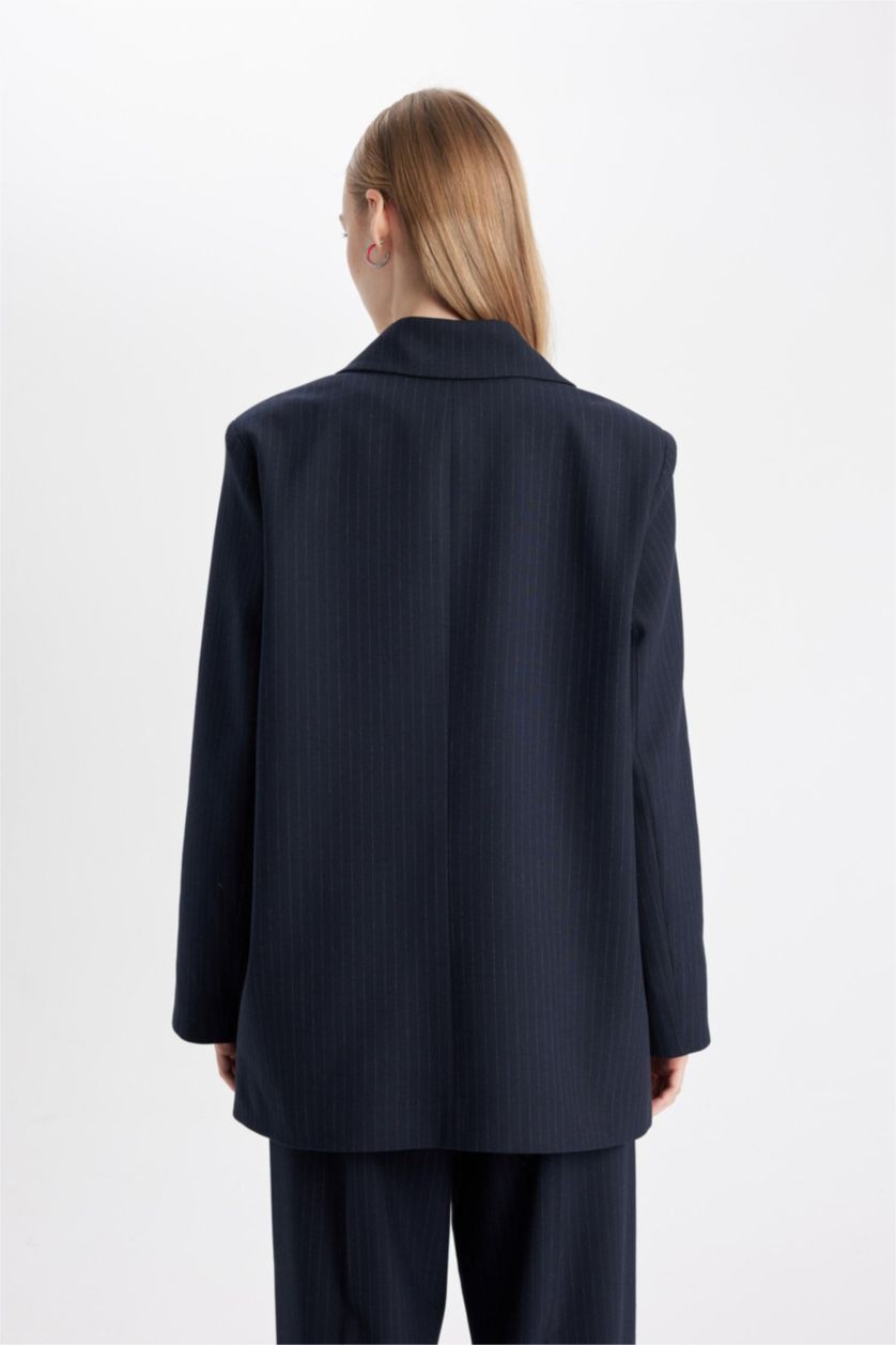 Kadın Lacivert Oversize Geniş Kalıp Ceket Yaka Düğmeli Basic Düz Blazer Ceket