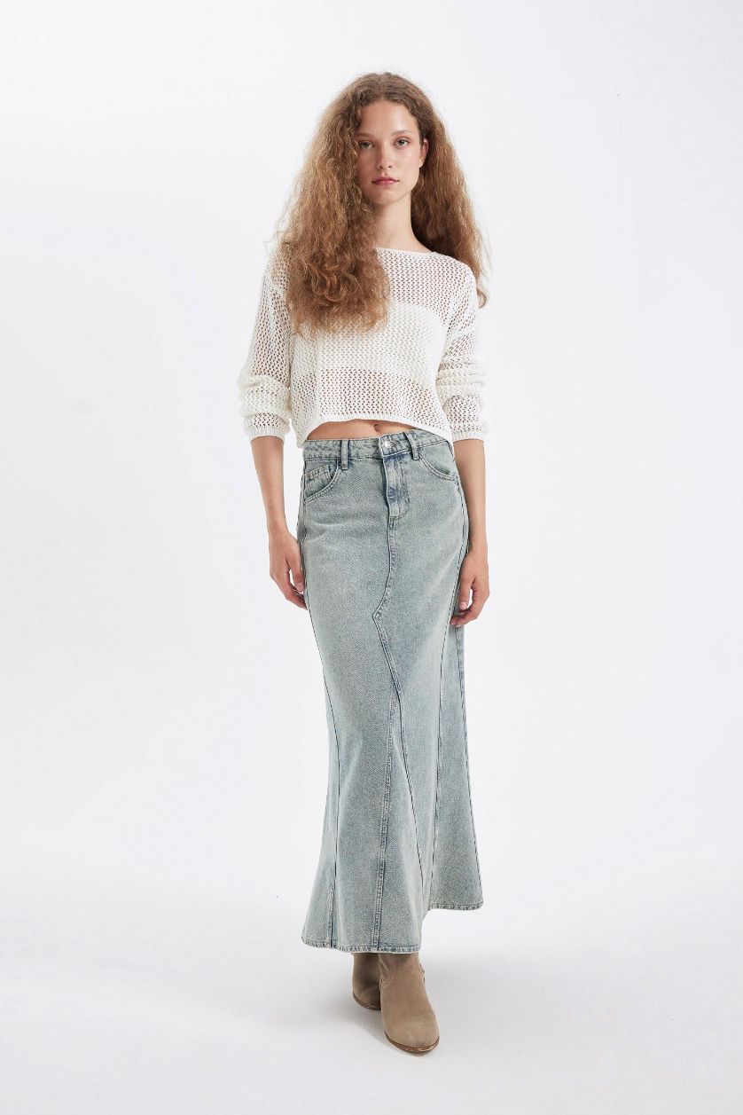 Woman Light Indigo Fashion Fit Denim Maxi Skirt