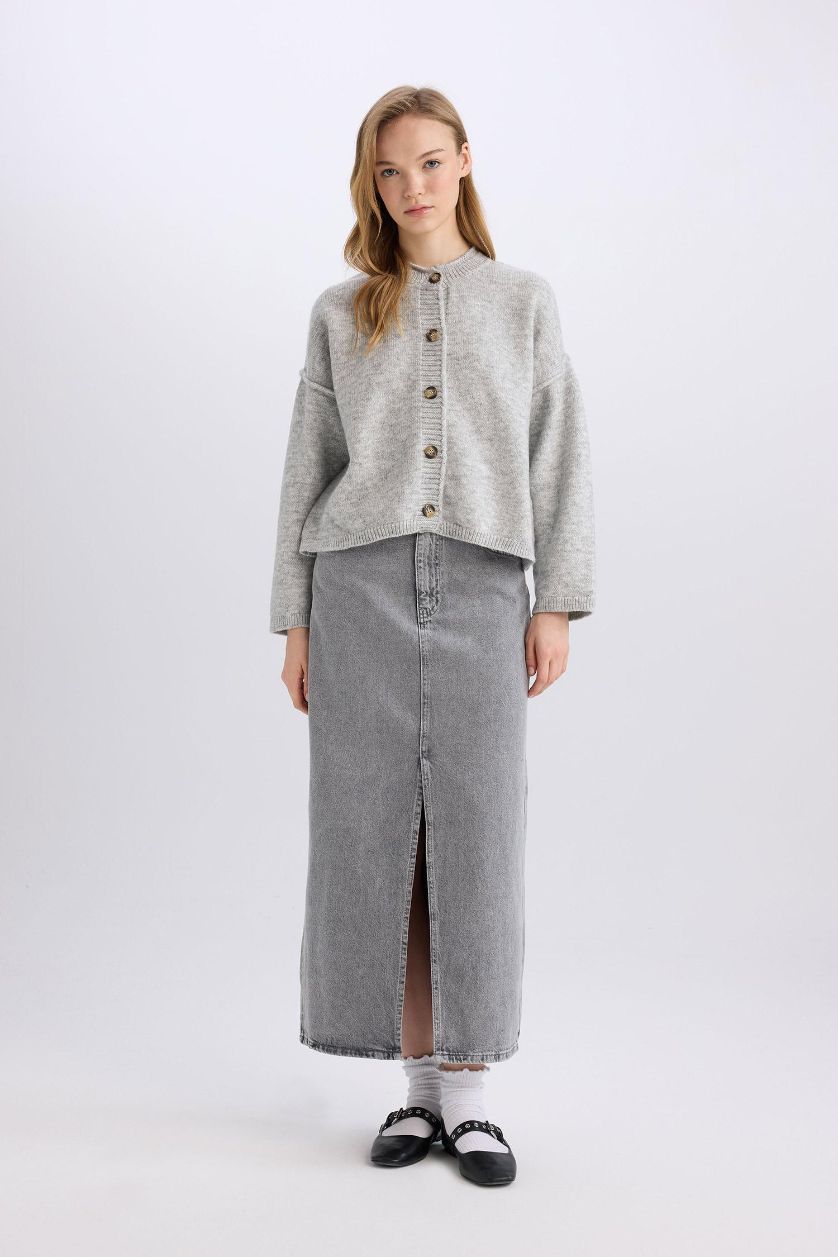 Woman Grey Fashion Fit Slit Pocketed Long Denim Skirt