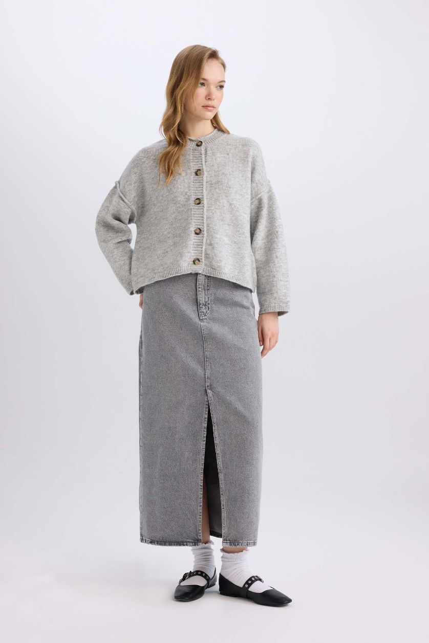 Woman Grey Fashion Fit Slit Pocketed Long Denim Skirt