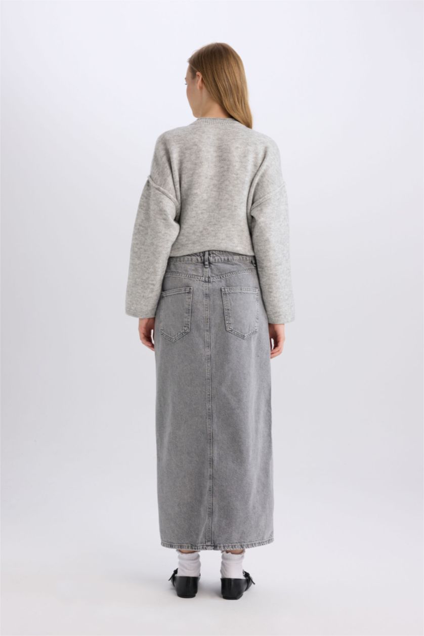 Woman Grey Fashion Fit Slit Pocketed Long Denim Skirt