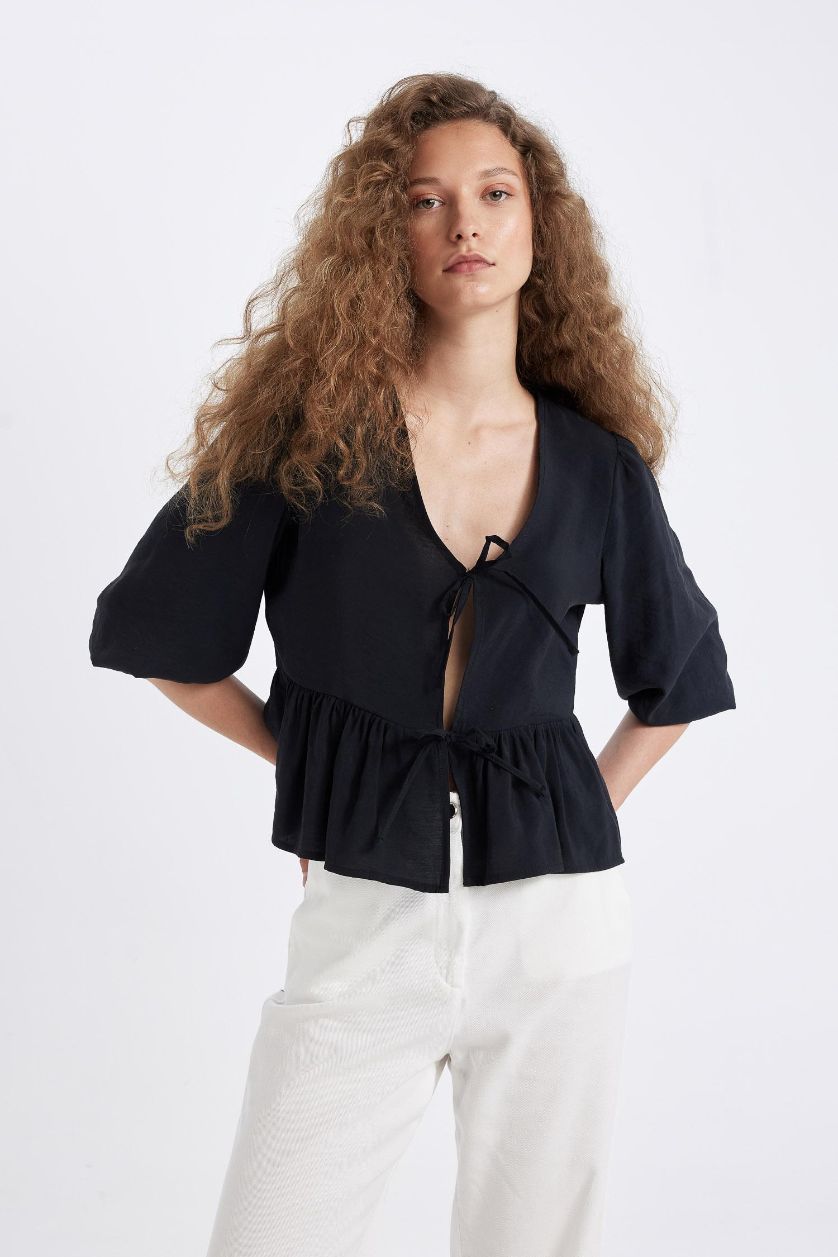 Kadın Siyah Regular Fit V Yaka Modal Önden Bağlamalı Uzun Kollu Bluz