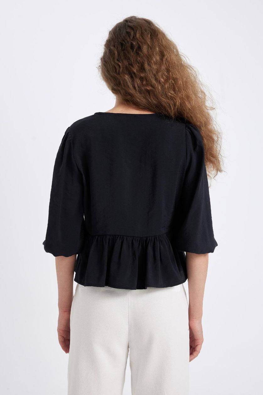 Kadın Siyah Regular Fit V Yaka Modal Önden Bağlamalı Uzun Kollu Bluz