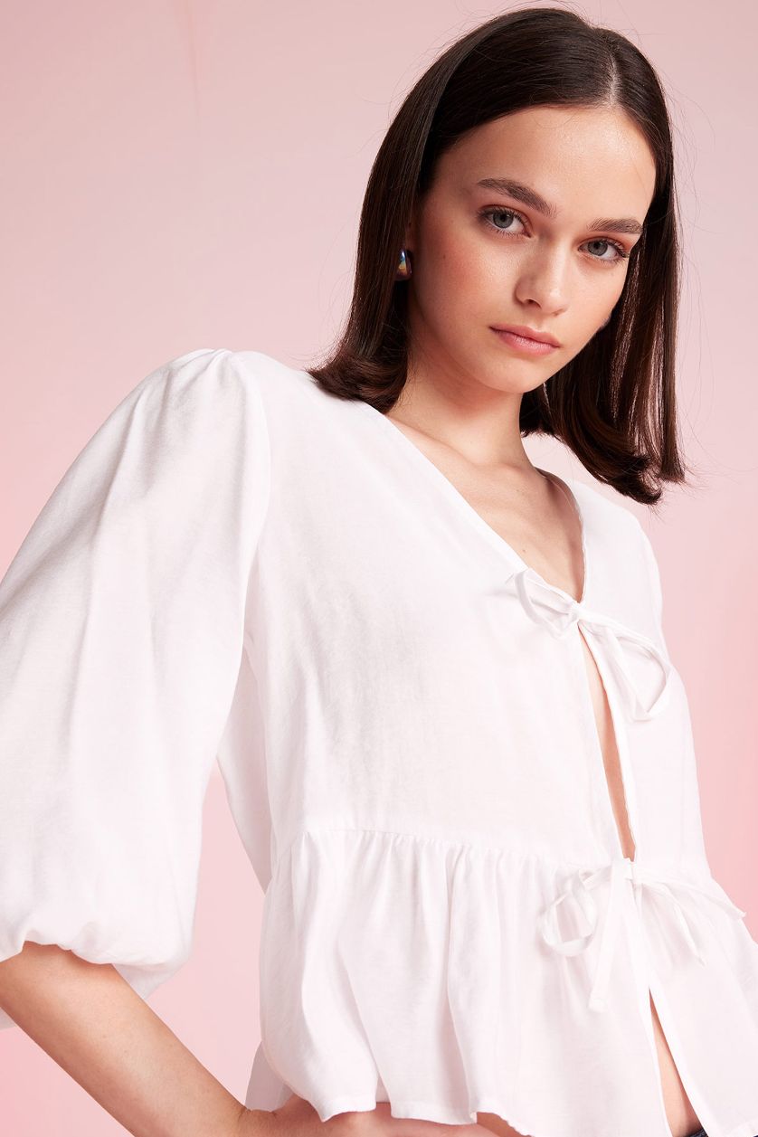 Kadın Violet Beyaz V Yaka Modal Önden Bağlamalı Uzun Kollu Beyaz Bluz