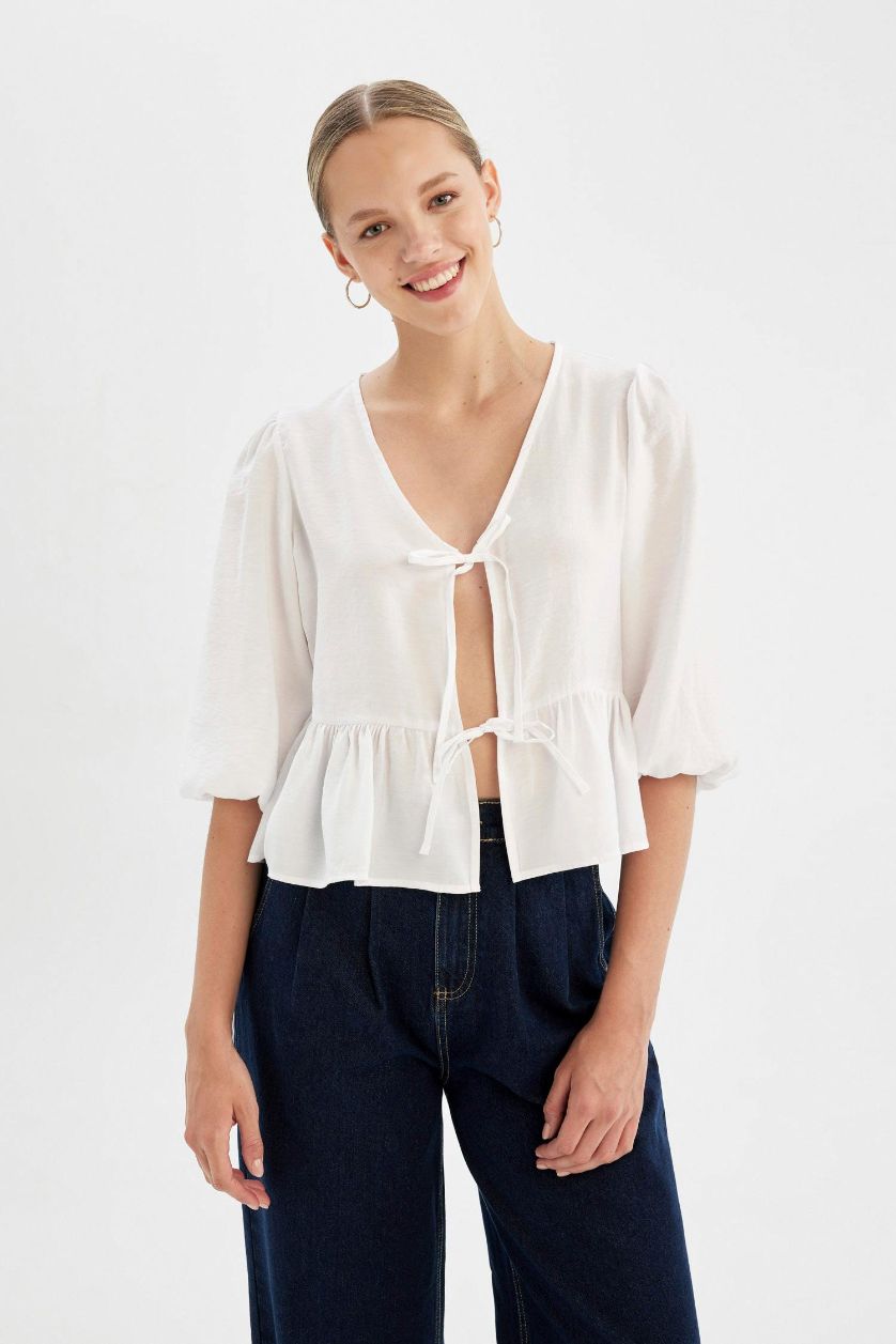 Kadın Violet Beyaz V Yaka Modal Önden Bağlamalı Uzun Kollu Beyaz Bluz