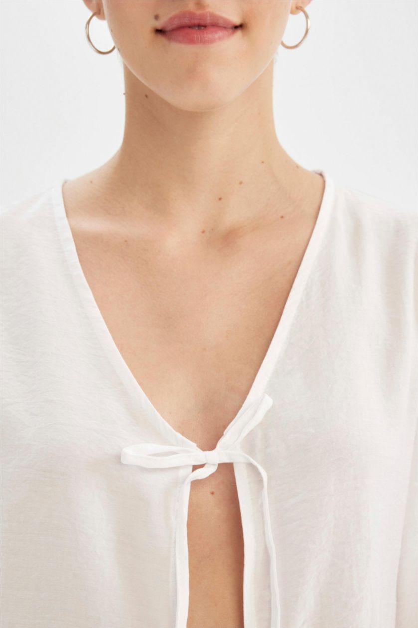 Kadın Violet Beyaz V Yaka Modal Önden Bağlamalı Uzun Kollu Beyaz Bluz