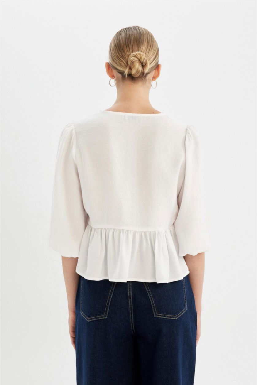 Kadın Violet Beyaz V Yaka Modal Önden Bağlamalı Uzun Kollu Beyaz Bluz