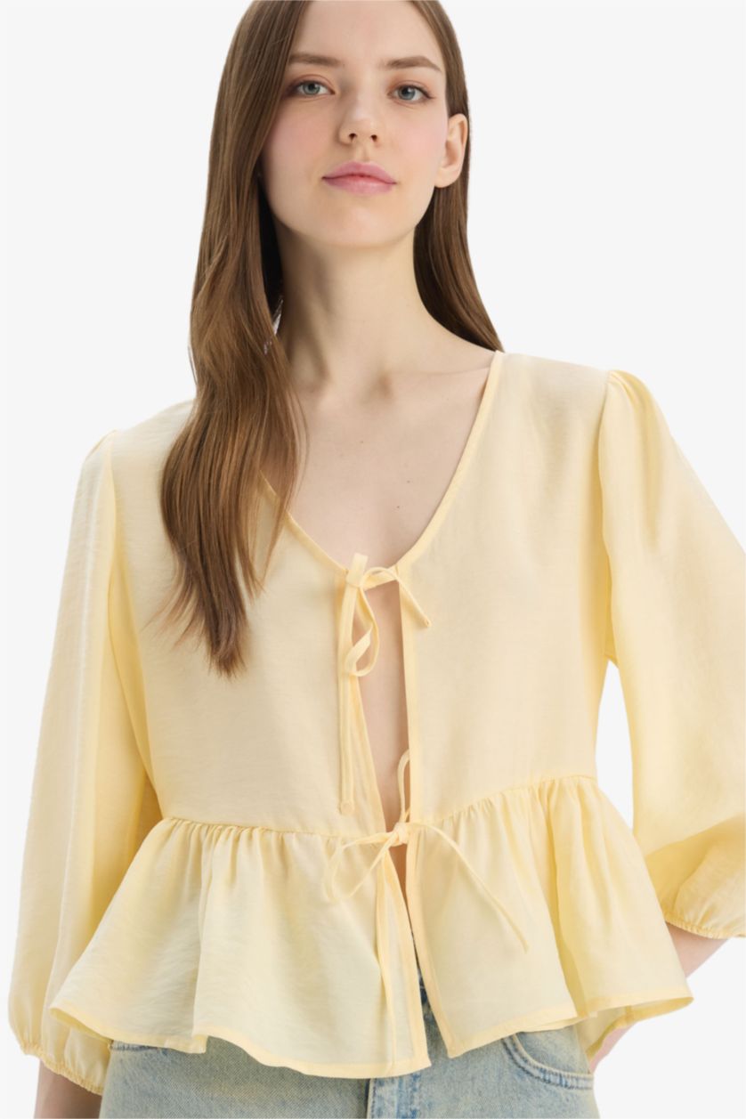 Woman Yellow Regular Fit V Neck Front Tied Blouse