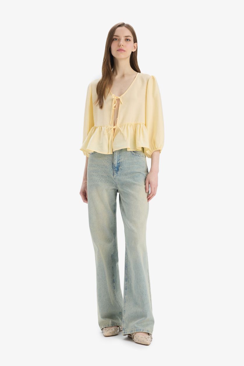 Woman Yellow Regular Fit V Neck Front Tied Blouse