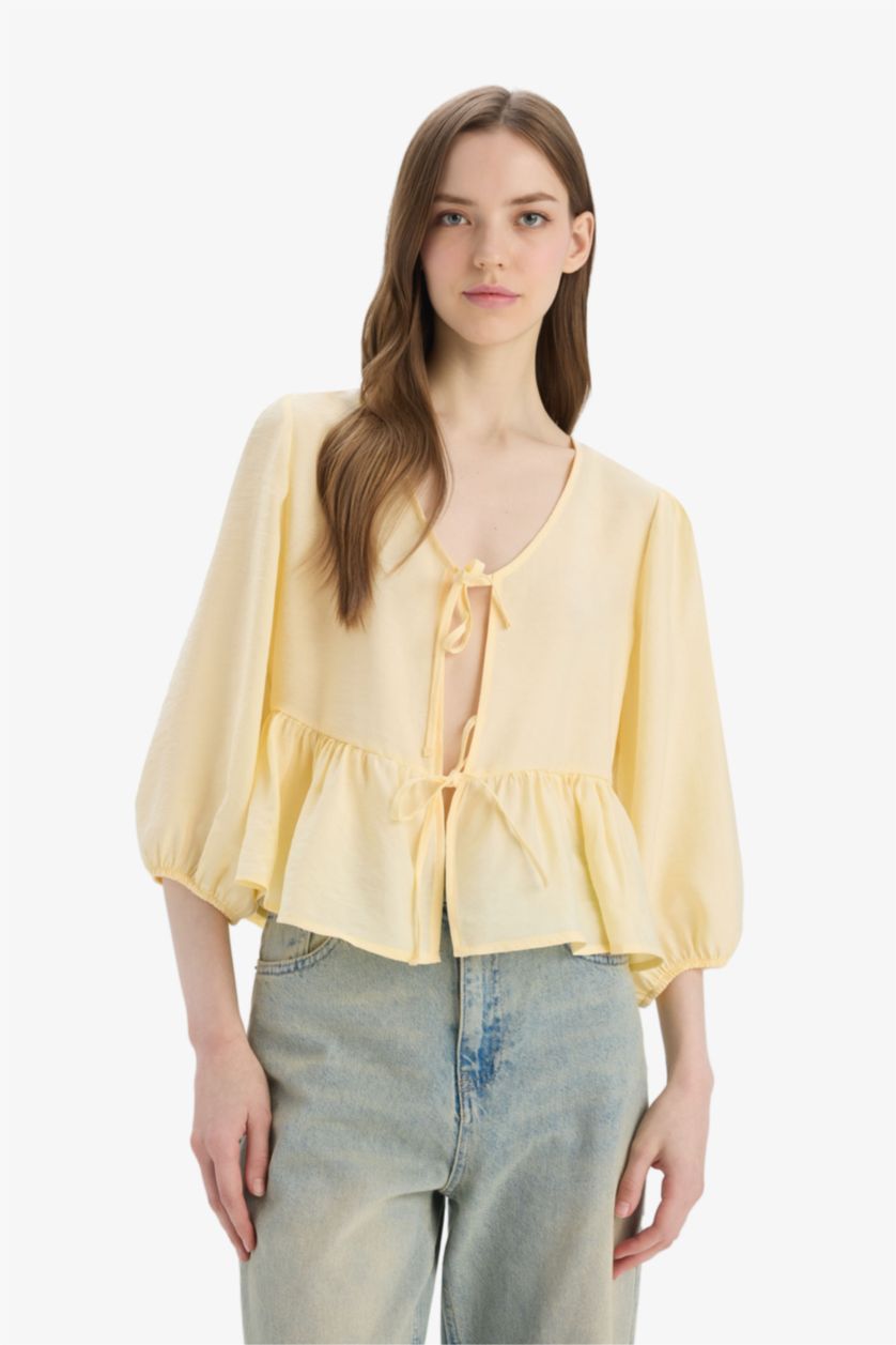 Woman Yellow Regular Fit V Neck Front Tied Blouse