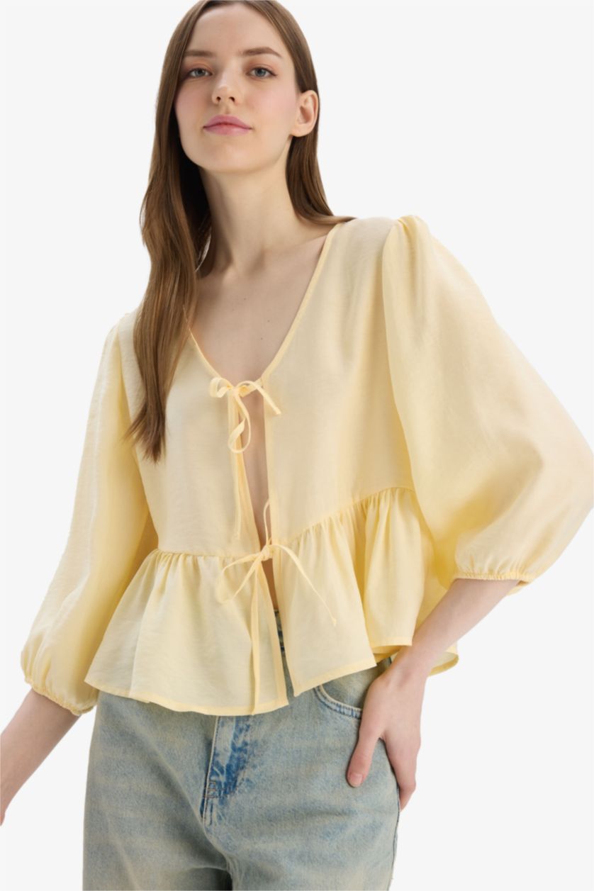Woman Yellow Regular Fit V Neck Front Tied Blouse
