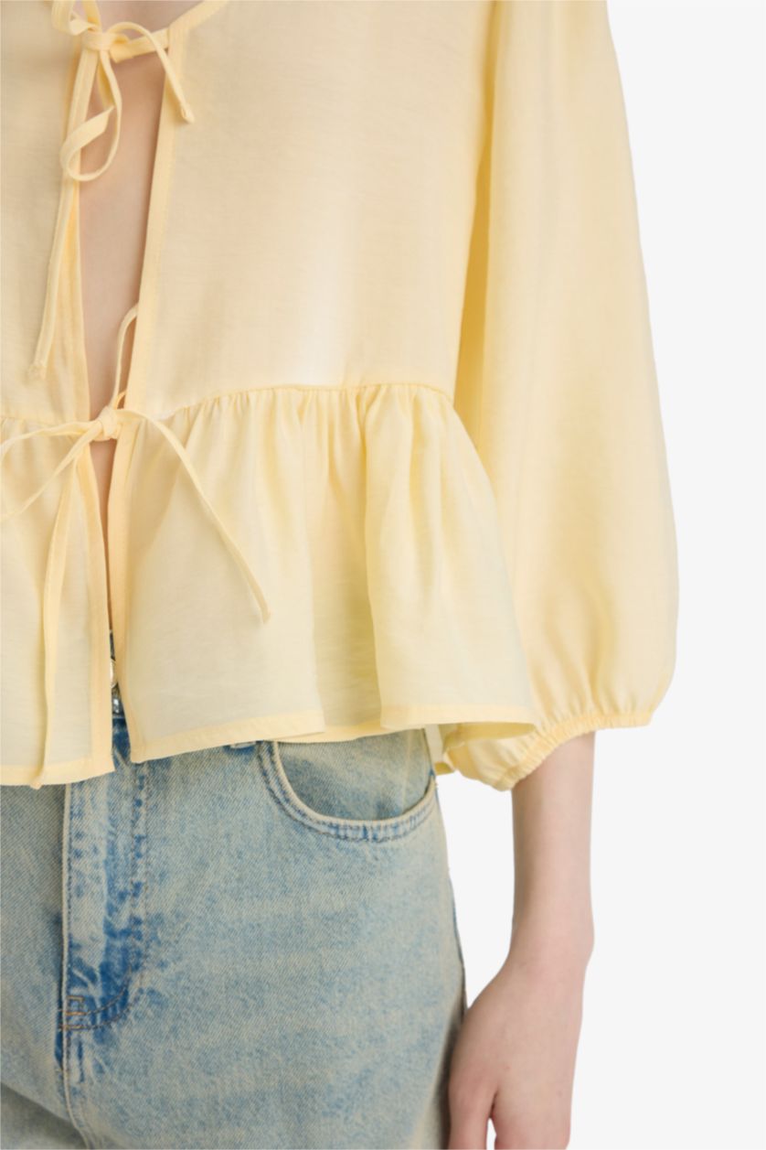 Woman Yellow Regular Fit V Neck Front Tied Blouse