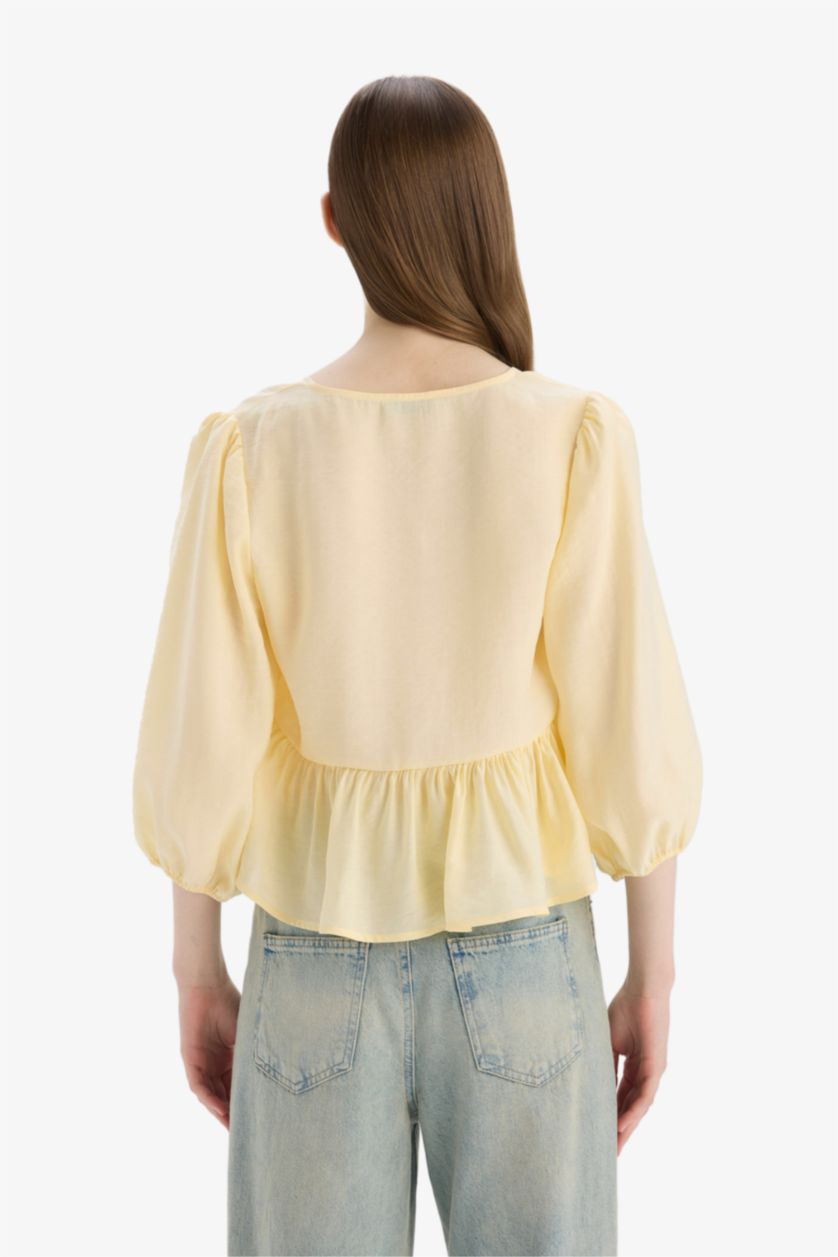 Woman Yellow Regular Fit V Neck Front Tied Blouse