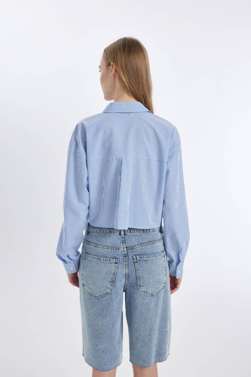 Kadın Mavi Crop Çizgili Cepli Poplin Uzun Kollu Gömlek
