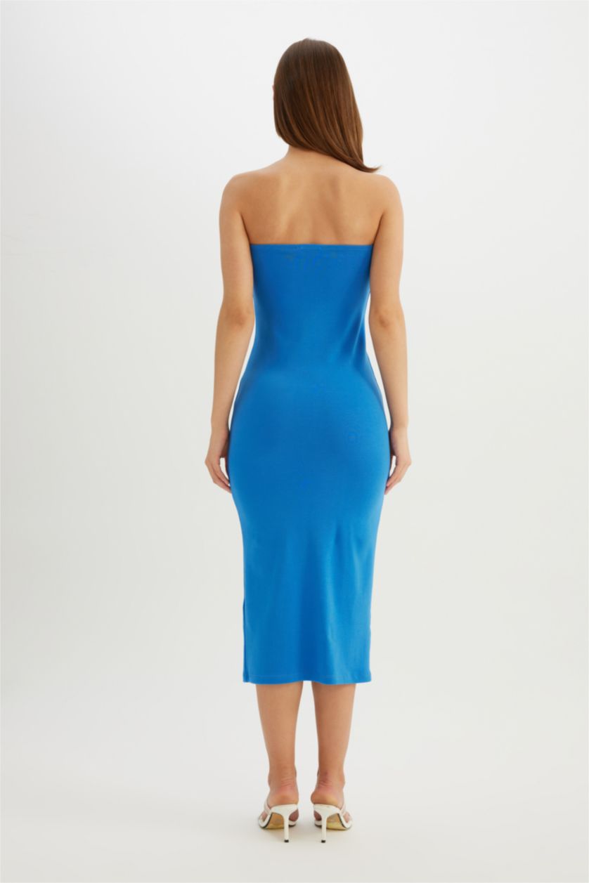 Kadın Royal Bodycon Vücudu Saran Straplez Fitilli Kaşkorse Midi Abiye Elbise