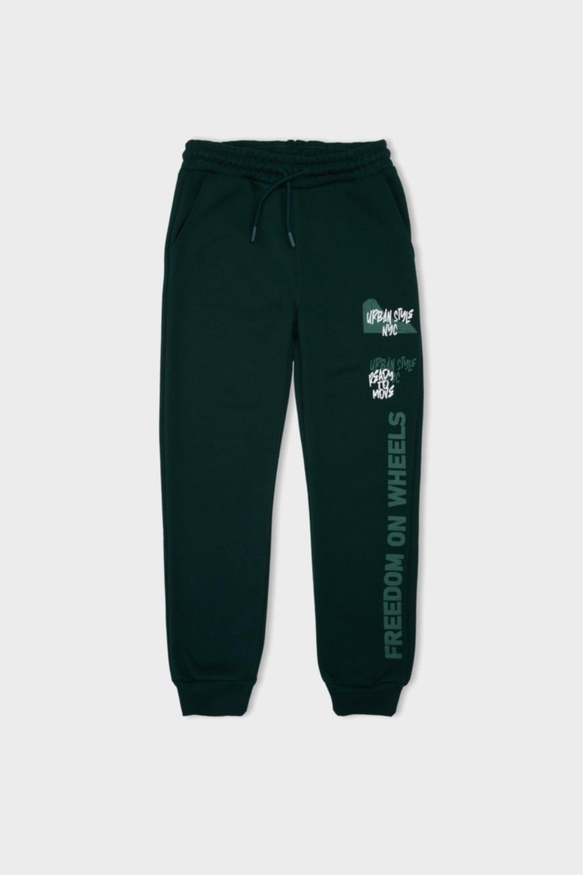 Erkek Çocuk - Genç Erkek Koyu Yeşil Erkek Çocuk Beli Paçası Lastikli Baskılı Eşofman Altı