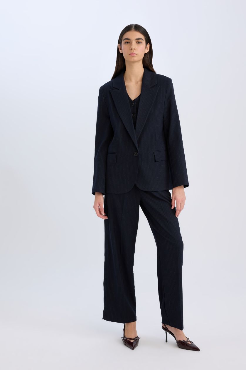 Kadın Lacivert Oversıze Ceket Yaka Düğmeli Basıc Blazer Ceket