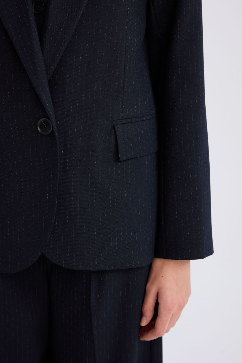 Kadın Lacivert Oversıze Ceket Yaka Düğmeli Basıc Blazer Ceket