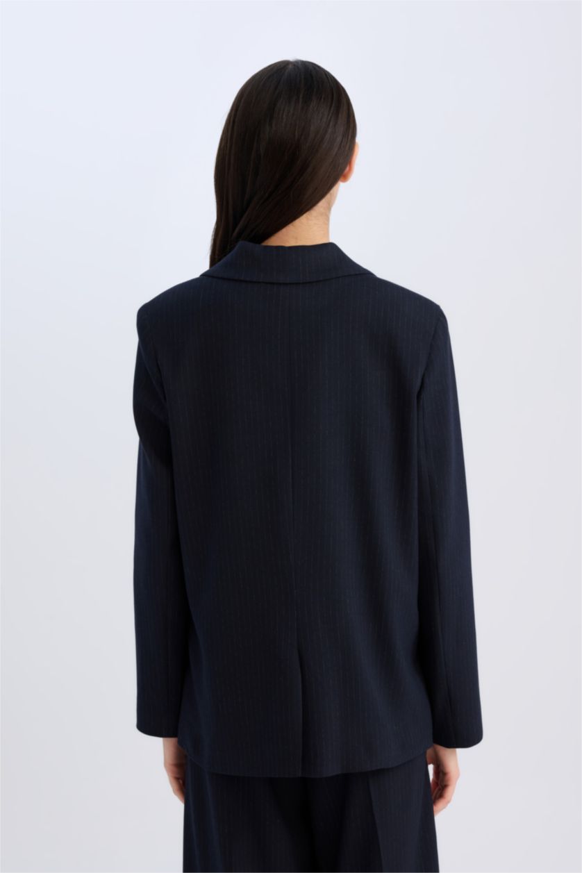 Kadın Lacivert Oversıze Ceket Yaka Düğmeli Basıc Blazer Ceket