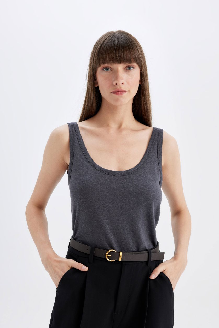 Kadın Antrasit Regular Fit U Yaka Keten Karışımlı Basic Düz Atlet