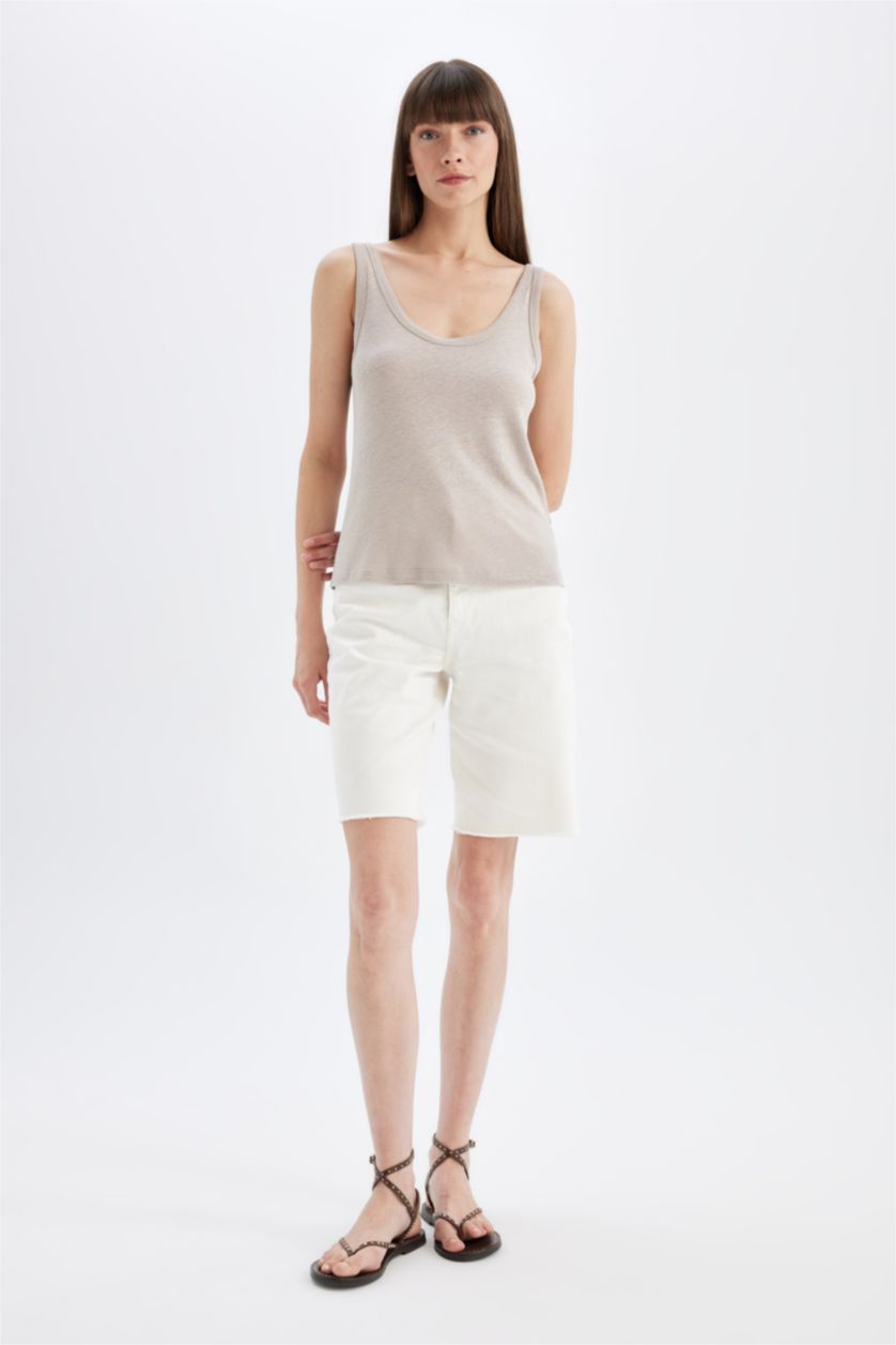 نساء اللون الحجري تانك توب قصة عادية برقبة مستديرة من مزيج الكتان