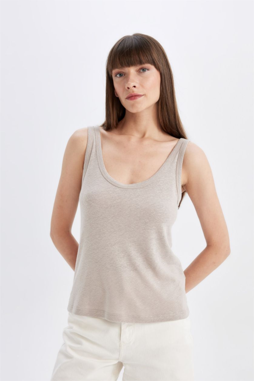 نساء اللون الحجري تانك توب قصة عادية برقبة مستديرة من مزيج الكتان