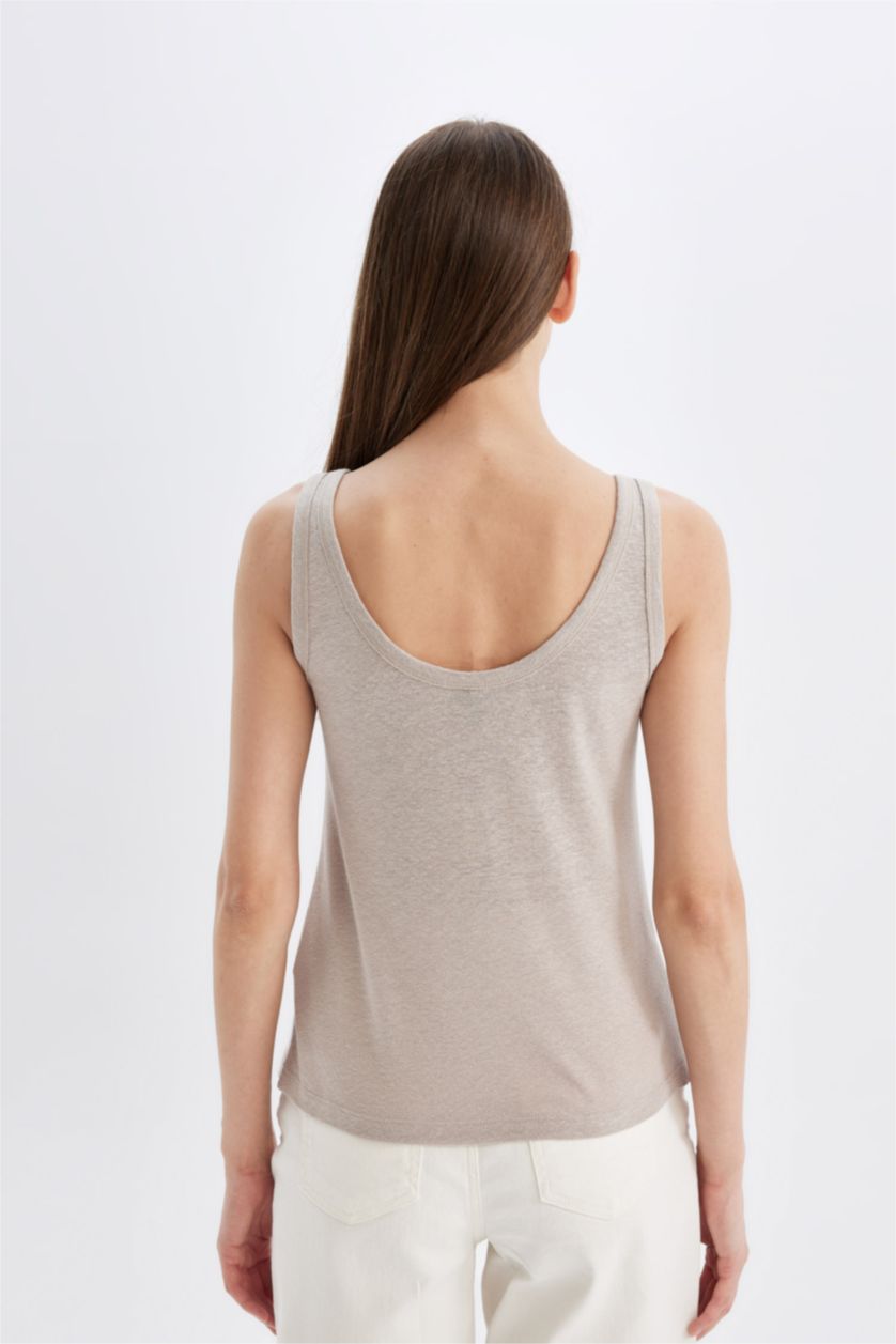 نساء اللون الحجري تانك توب قصة عادية برقبة مستديرة من مزيج الكتان