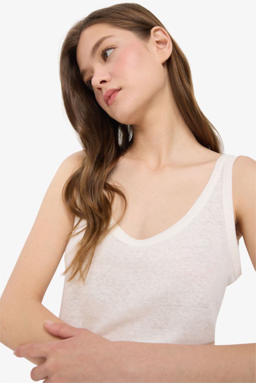 Kadın Ekru Regular Fit U Yaka Keten Karışımlı Basic Düz Atlet