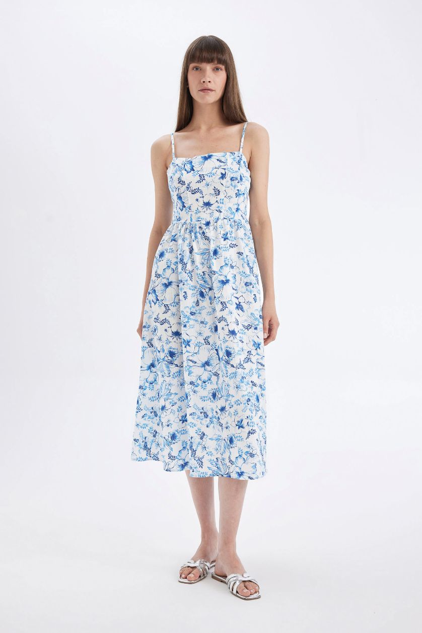 Kadın Mavi Kare Yaka Desenli Pamuklu Askılı Midi Elbise