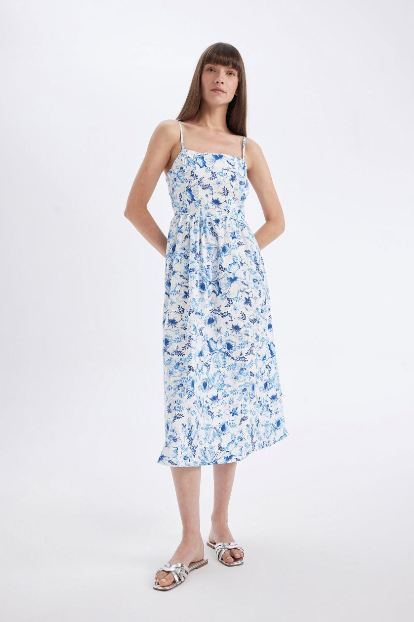 Kadın Mavi Kare Yaka Desenli Pamuklu Askılı Midi Elbise