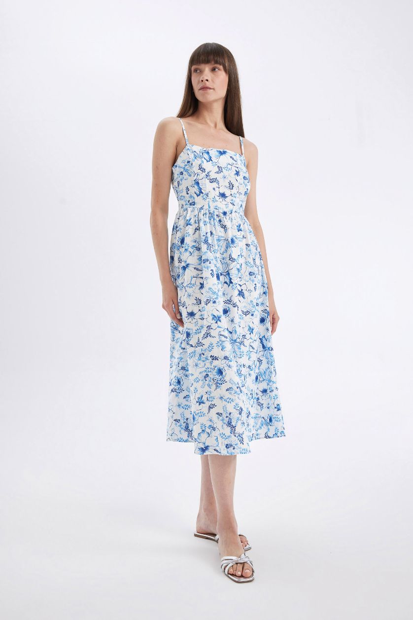 Kadın Mavi Kare Yaka Desenli Pamuklu Askılı Midi Elbise