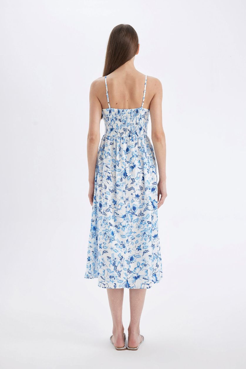 Kadın Mavi Kare Yaka Desenli Pamuklu Askılı Midi Elbise