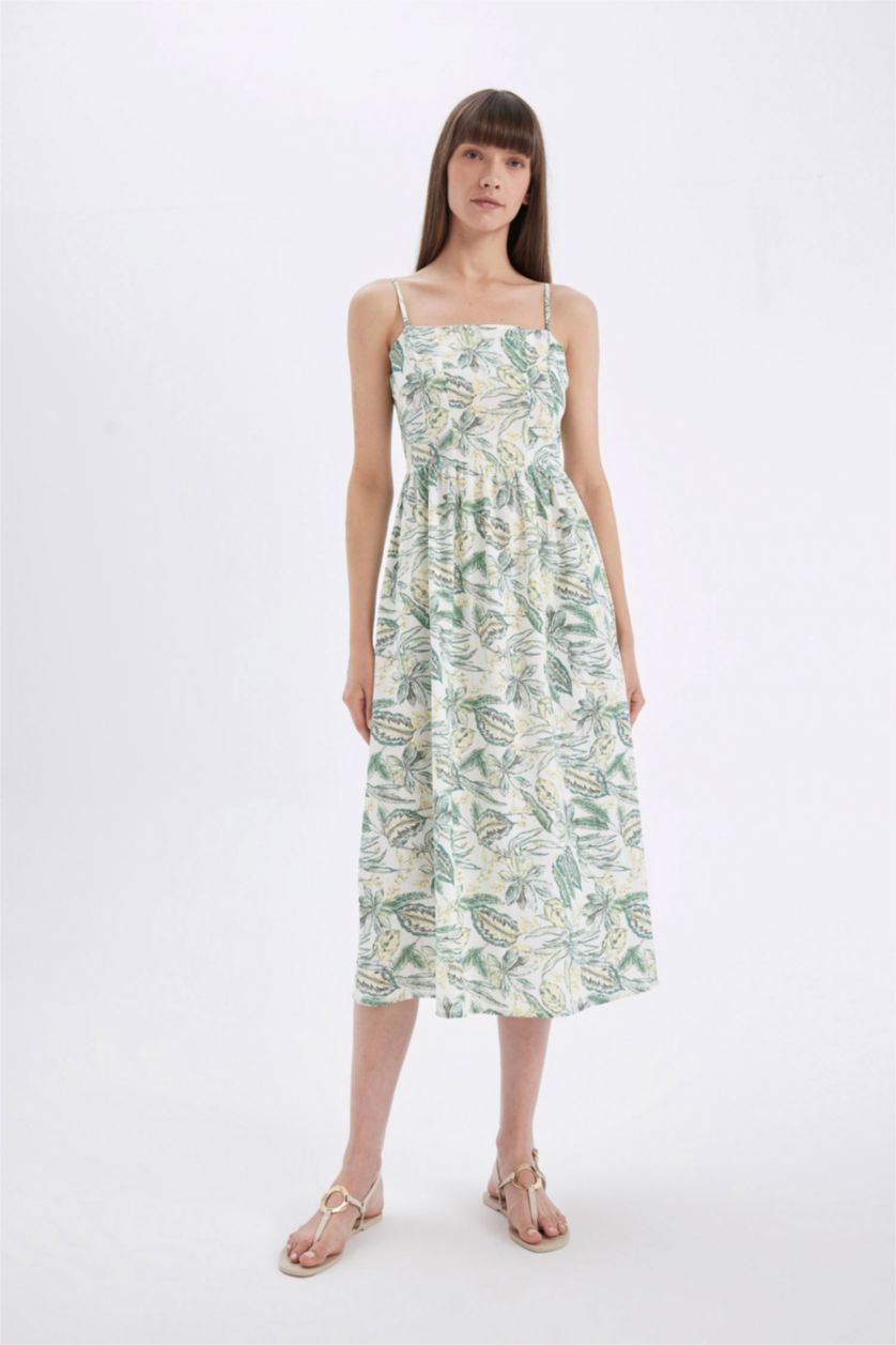 FEMME Vert Robe Midi en Coton imprimée à Bretelles et à Col Carré