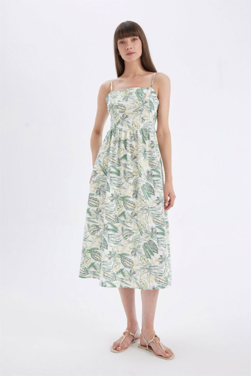 FEMME Vert Robe Midi en Coton imprimée à Bretelles et à Col Carré