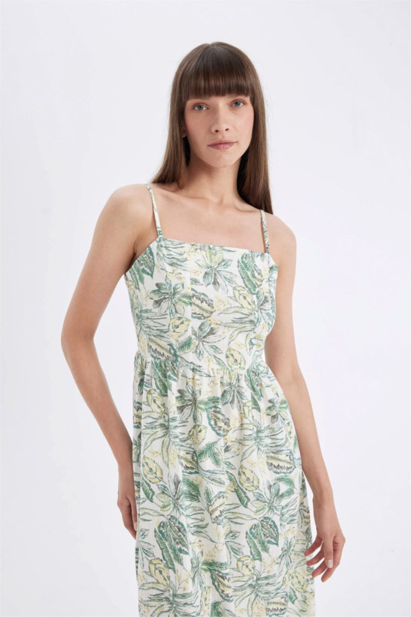 FEMME Vert Robe Midi en Coton imprimée à Bretelles et à Col Carré