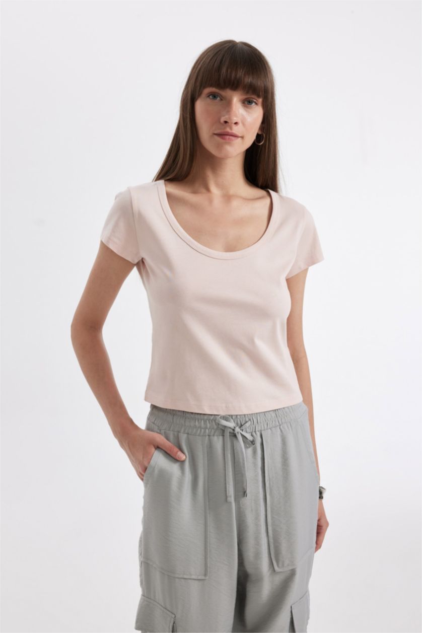 WOMAN Light Pink Regular Fit Crew Neck Cotton Basic T-Shirt