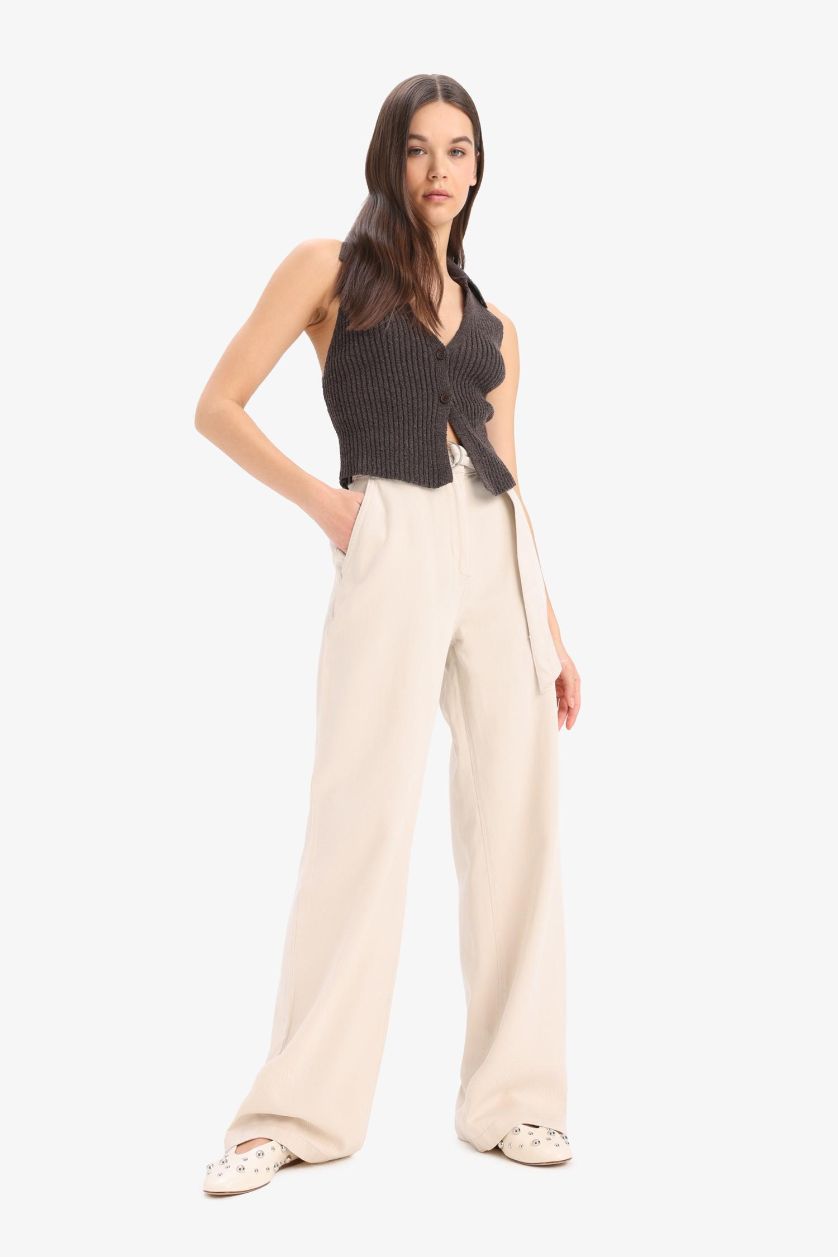 FEMME Beige Pantalon large taille haute avec poches