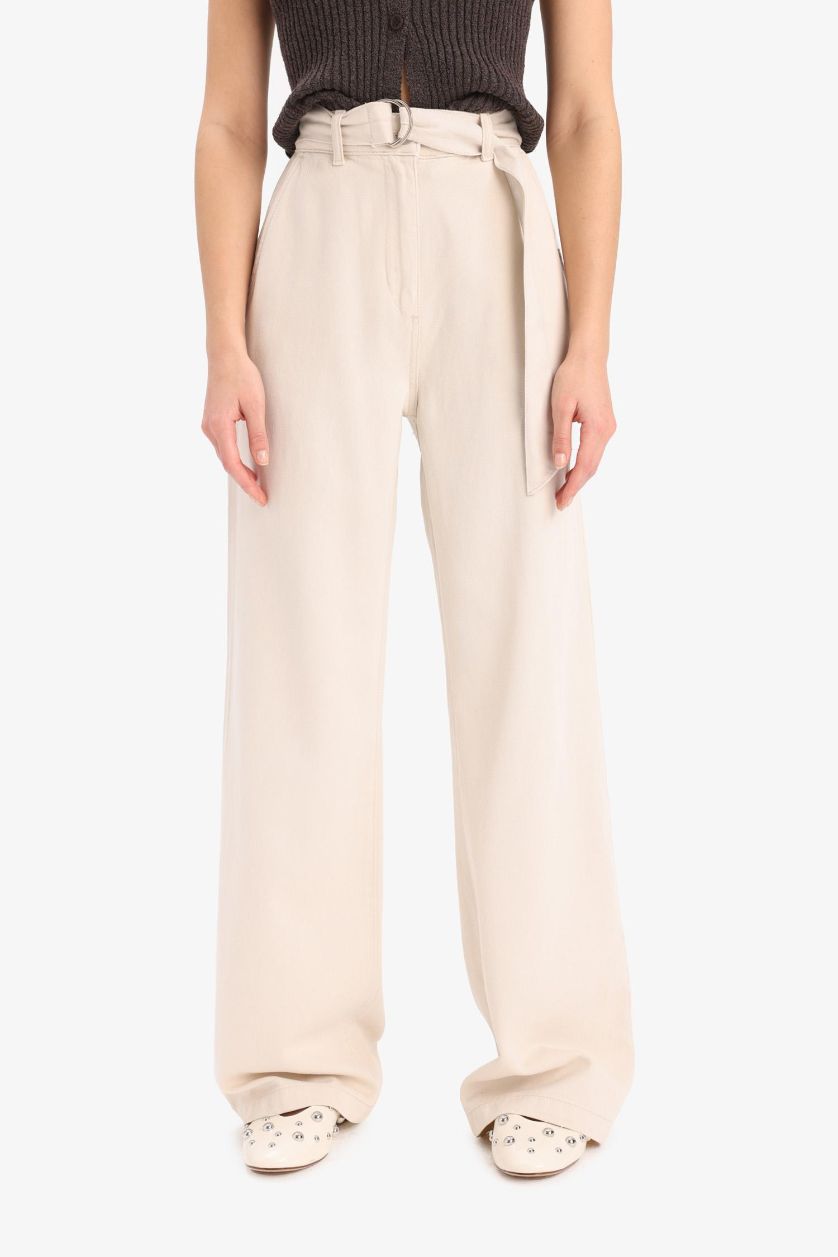 FEMME Beige Pantalon large taille haute avec poches