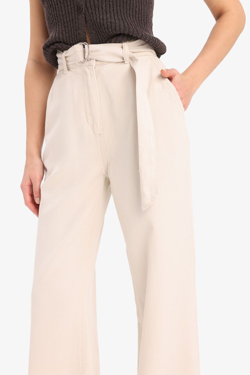 FEMME Beige Pantalon large taille haute avec poches