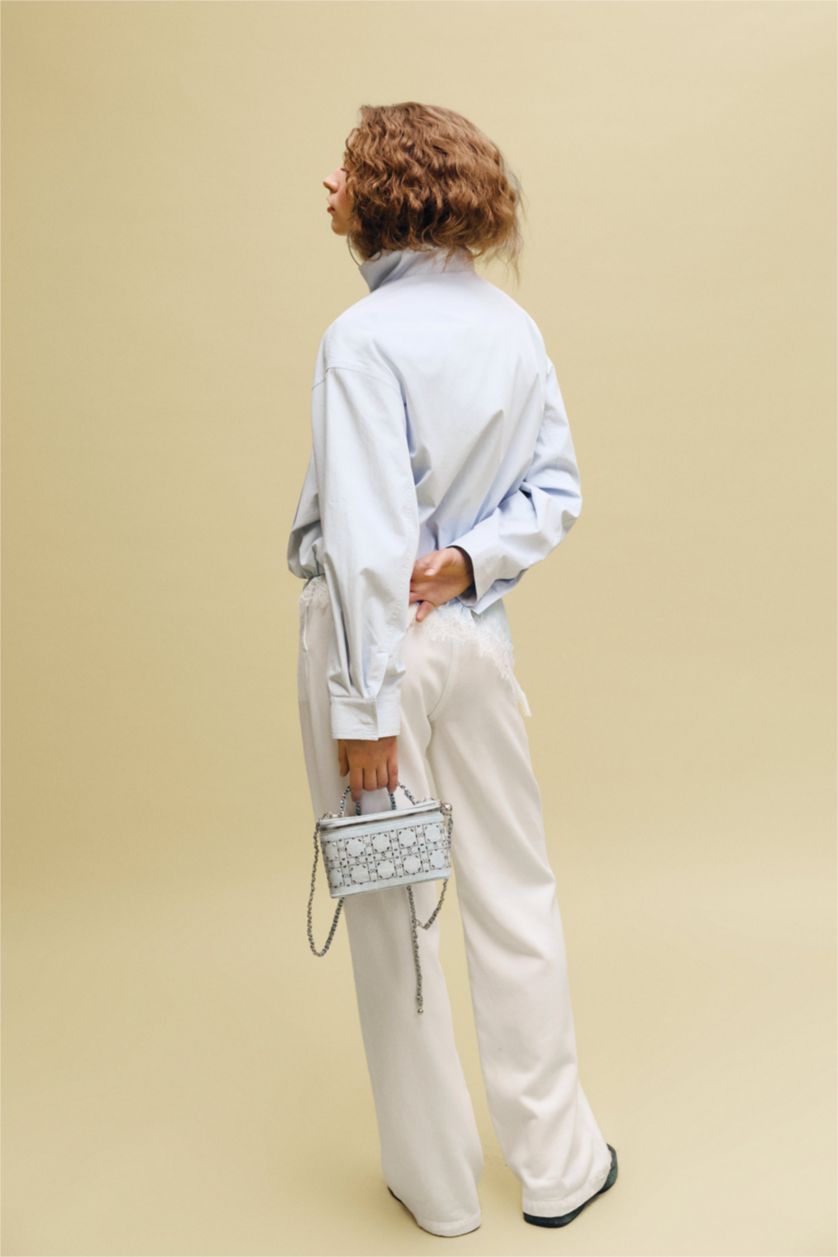 Woman White Wide Leg Double Pocket High Waist Basic White Trousers